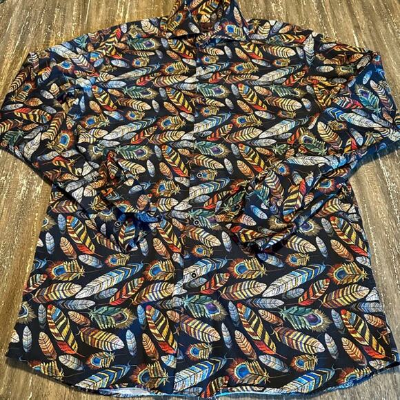 Men's Axxess All Over Feathers Print Long Sleeve Dress Shirt, Large - Picture 1 of 7